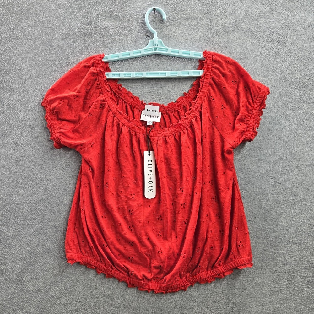 OLIVE + OAK Women Blouse XL Red Ruffle LV0563596VS‎ Embroidered Scoop Neck NWT